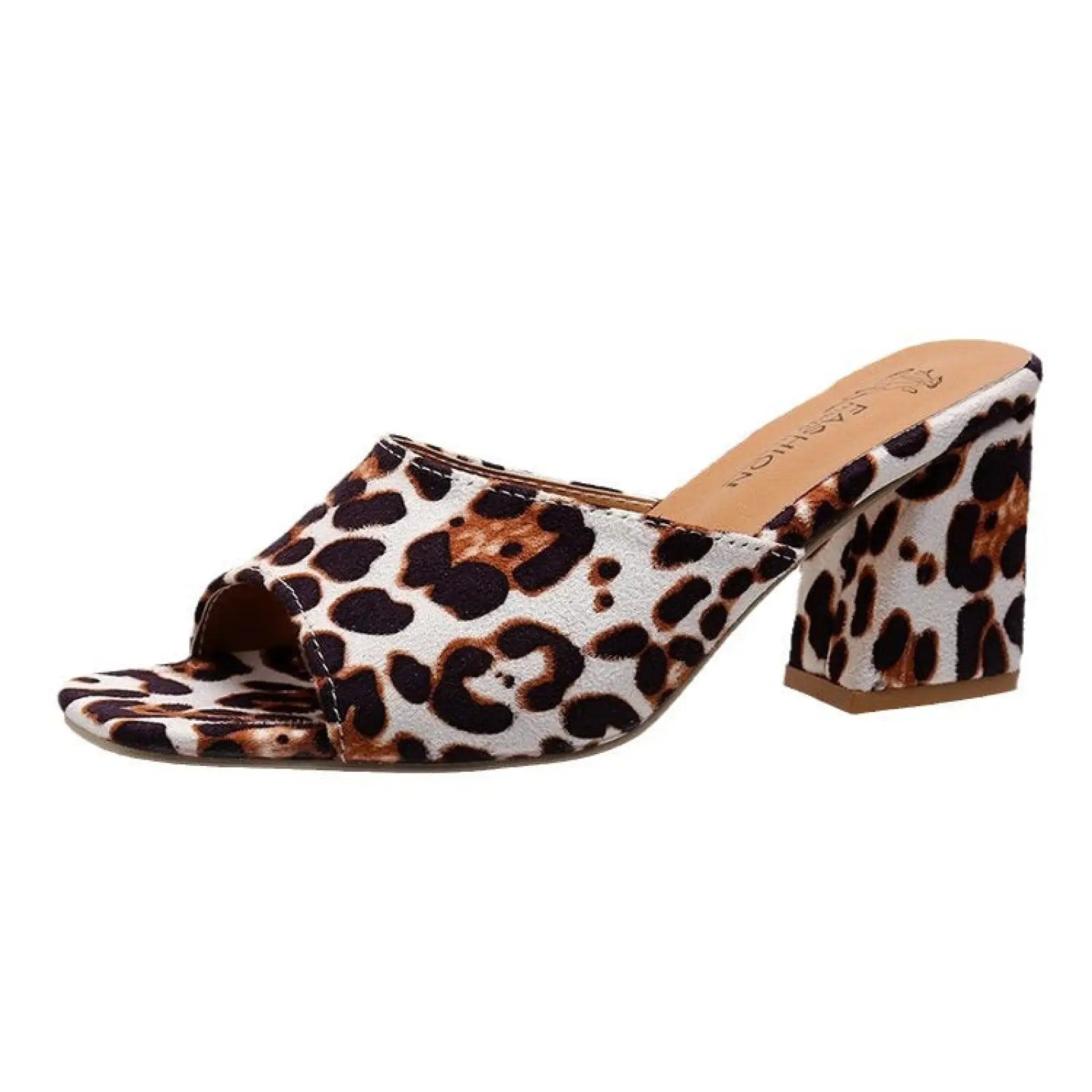Leopard square toe chunky heel sandals featuring a leopard-print mule design with block heel and open toe
