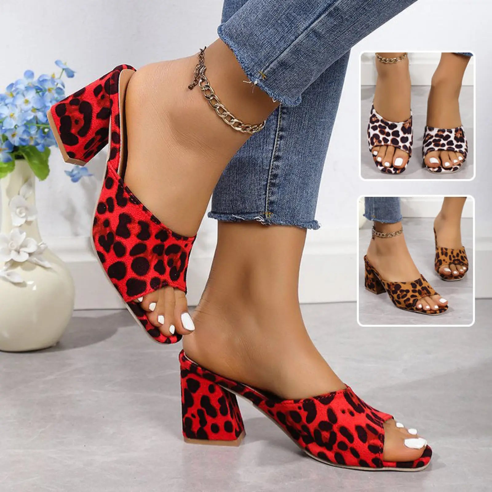 Red leopard-print mule sandals with a square toe and chunky block heel for stylish casual wear