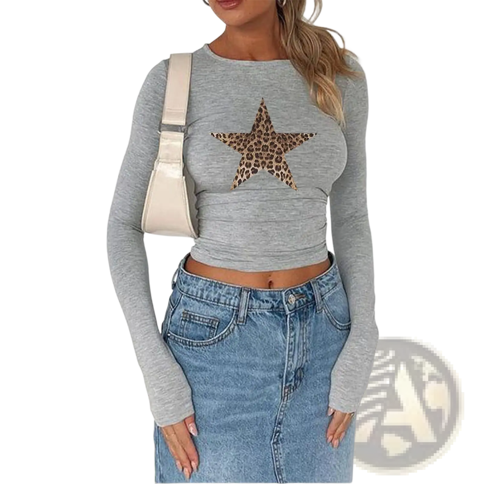 Gray long-sleeved crop top with leopard star print on chest suitable for casual and stylish wear