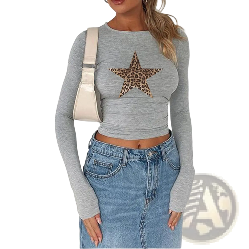 Gray long-sleeved crop top with a leopard print star design on the chest for casual wear