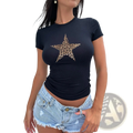Black short sleeve crop top with leopard print star design featuring slim fit and soft fabric for casual wear