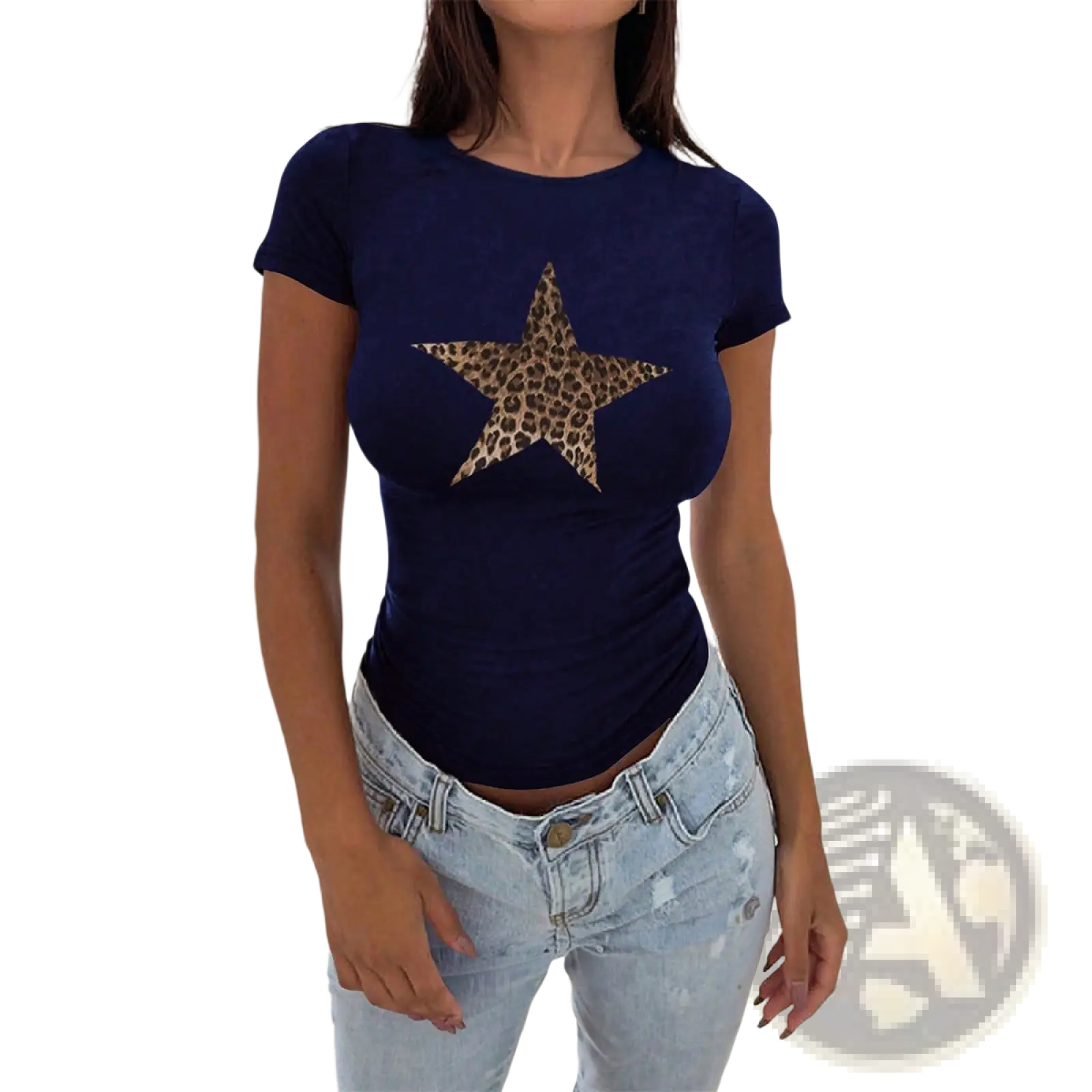 Navy blue slim fit short sleeve crop top with leopard print star design on the front made from soft fabric