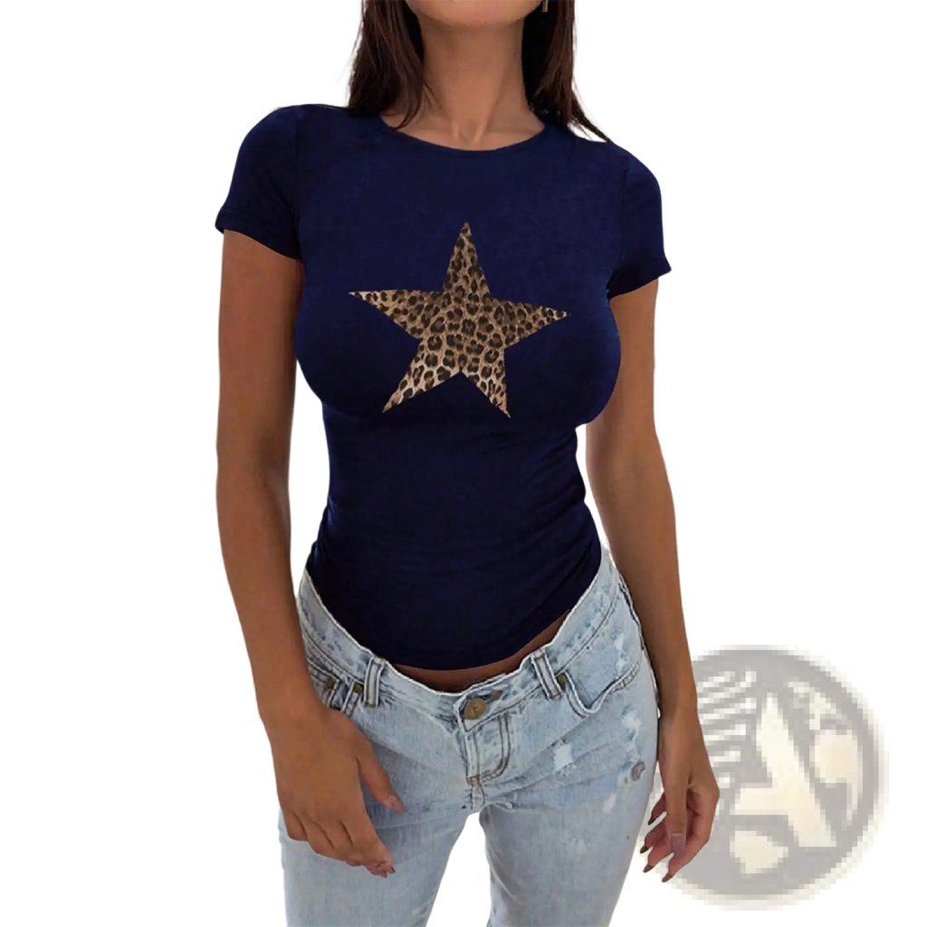 Navy blue slim fit short sleeve crop top featuring a leopard print star design on the front