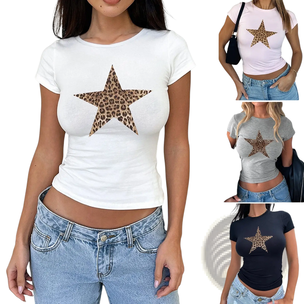 White slim fit short sleeve crop top with bold leopard-print star design across the chest