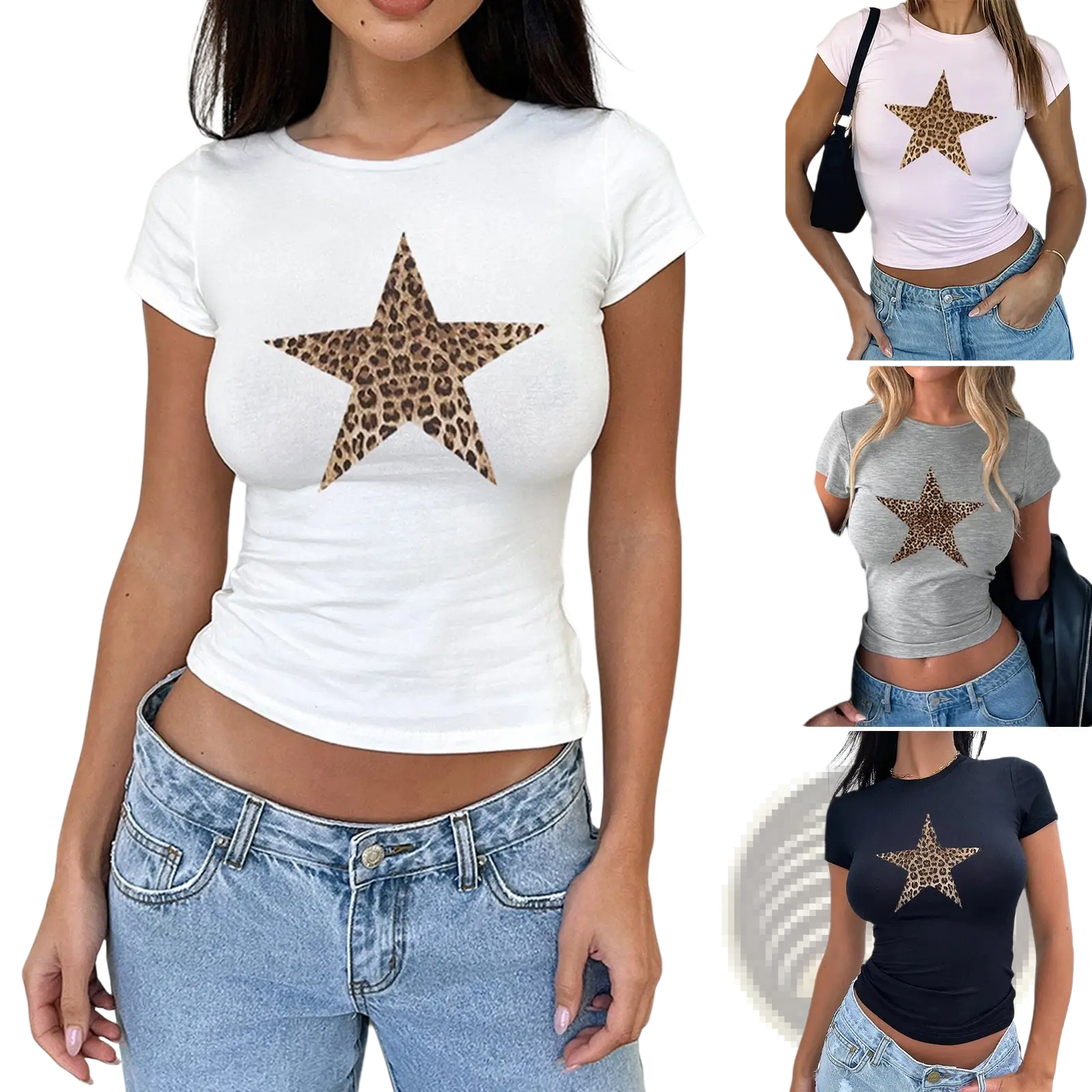 White slim fit short sleeve crop top with bold leopard-print star design across the chest