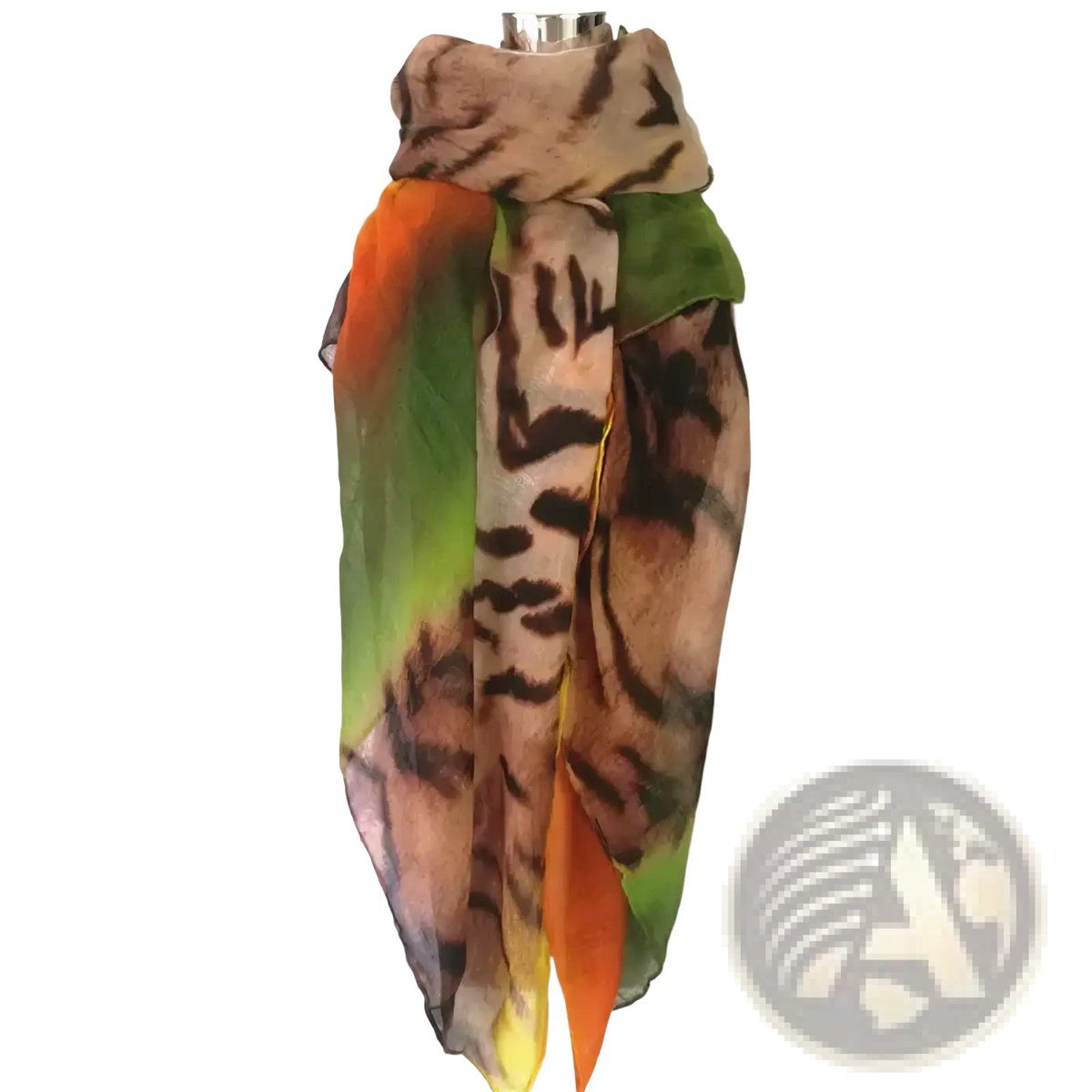 Leopard tassel viscose shawl scarf with sheer flowing fabric and vibrant tiger stripe pattern in brown black orange and green