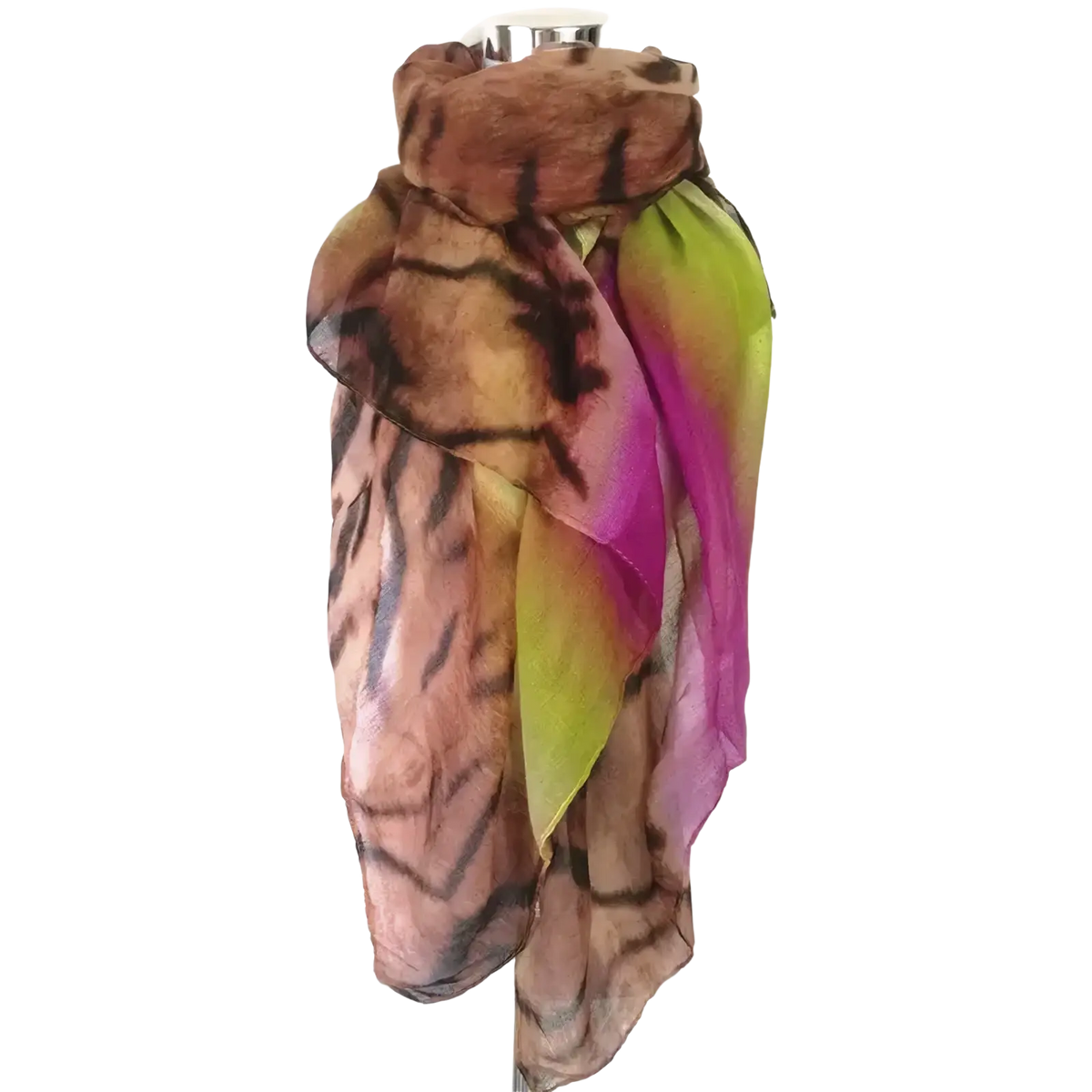 Leopard tassel viscose shawl scarf with a sheer gradient pattern from earthy brown and black to vibrant green and magenta