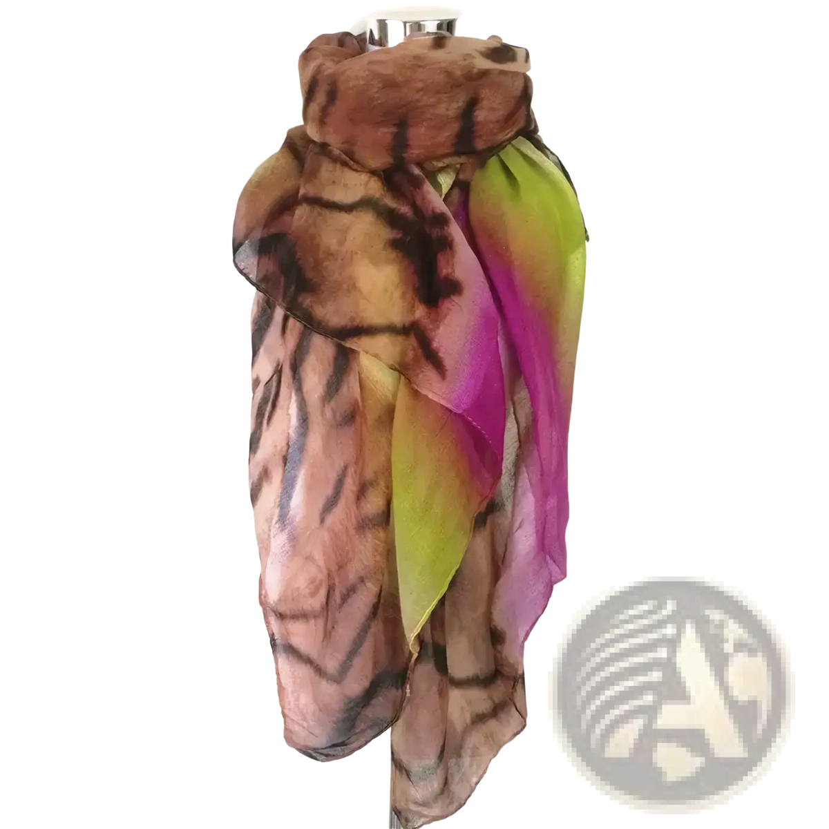 Leopard tassel viscose shawl scarf with a sheer gradient pattern from earthy brown and black to vibrant green and magenta