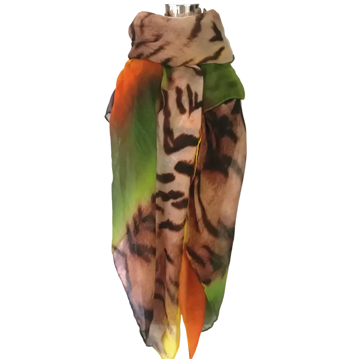 Leopard tassel viscose shawl scarf with sheer flowing fabric and vibrant tiger stripe pattern in brown black orange and green