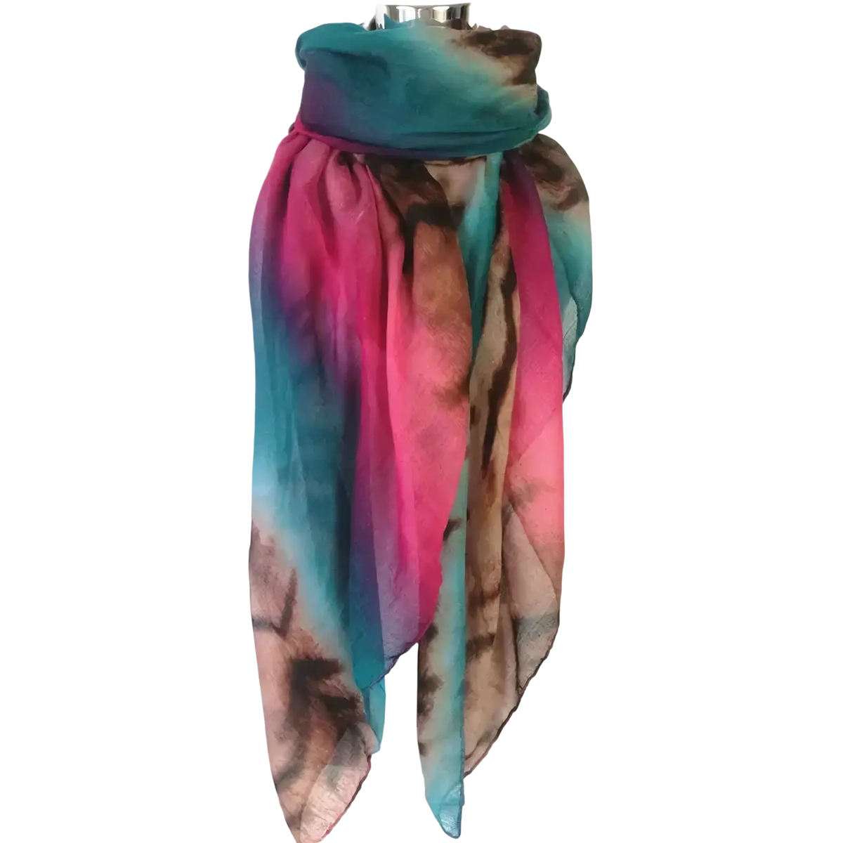 Leopard tassel viscose shawl scarf in vibrant teal pink and brown tie dye draped elegantly on a mannequin