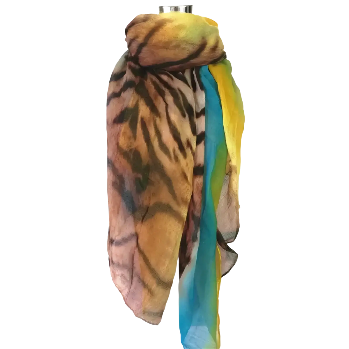 A vibrant leopard tassel viscose shawl scarf with sheer tiger print in warm browns black and gradient teal yellow stripes
