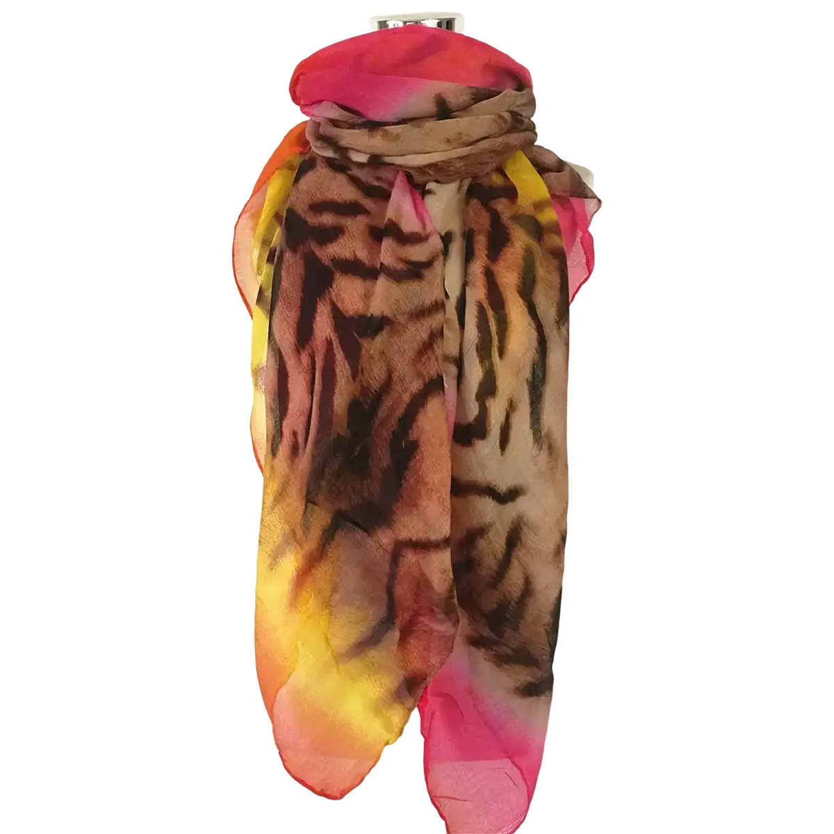 A vibrant leopard tassel viscose shawl scarf with sheer fabric and a bold tiger print in pink orange and yellow gradient hues