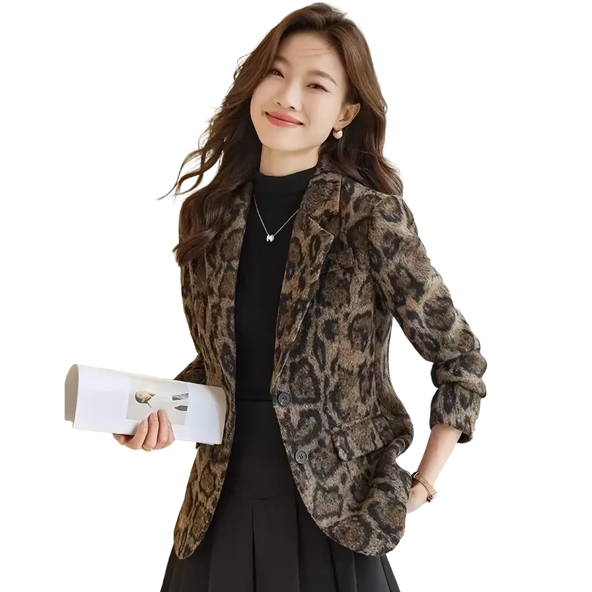 Brown and black leopard woolen blazer with textured fabric for women slim fit winter jacket