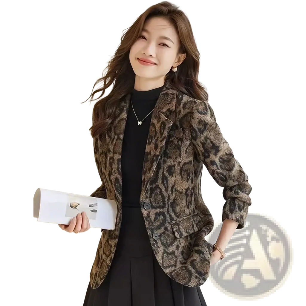 Brown and black leopard woolen blazer with textured fabric for women slim fit winter jacket