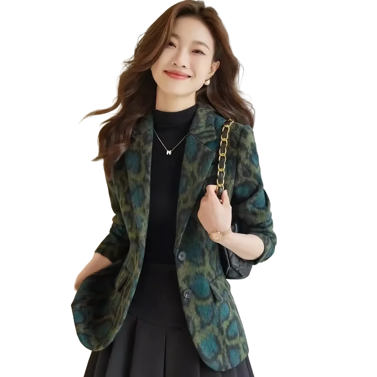Green and teal leopard-print woolen blazer for women with textured fabric finish slim winter jacket