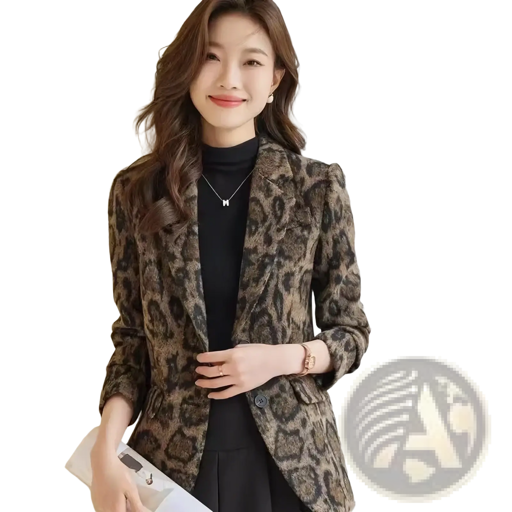 A stylish leopard woolen blazer in brown and black with textured fabric worn over a black turtleneck for winter