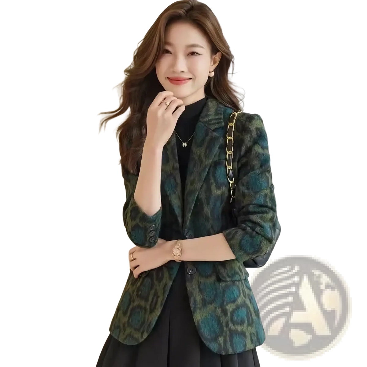 A stylish green and black leopard print woolen blazer for women with gold chain shoulder detailing for winter wear