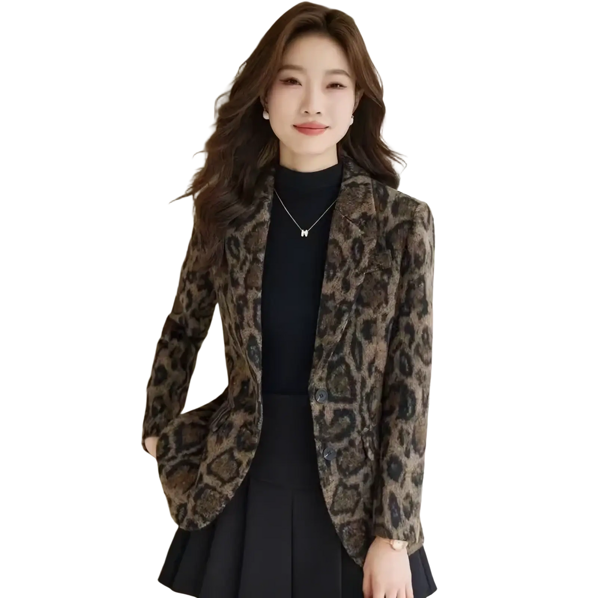A stylish leopard woolen blazer for women in slim fit with plush textured brown and black fabric for winter