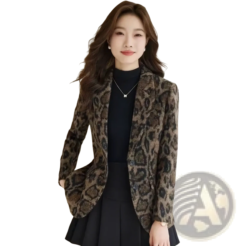 A stylish leopard woolen blazer for women in slim fit with plush textured brown and black fabric for winter