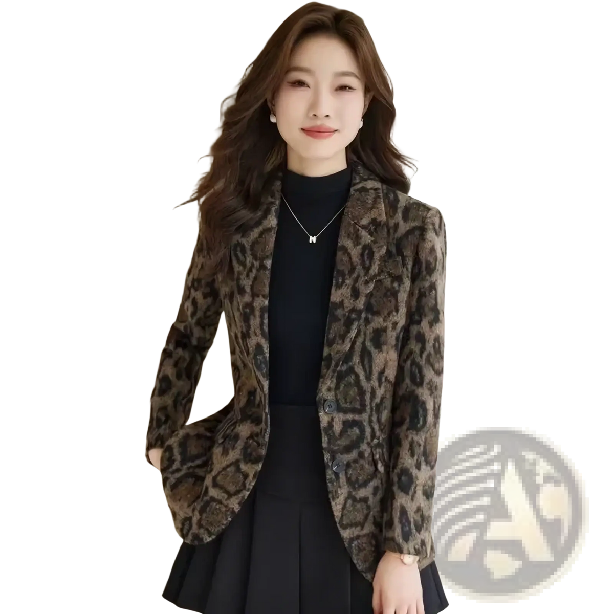 A stylish leopard woolen blazer for women in slim fit with plush textured brown and black fabric for winter