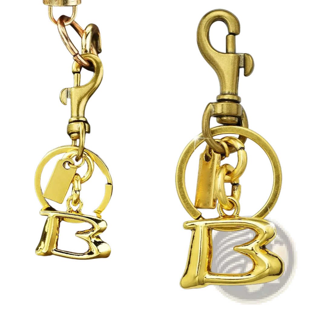 Gold metal keychain with a polished letter b charm and lobster clasp for car accessory use