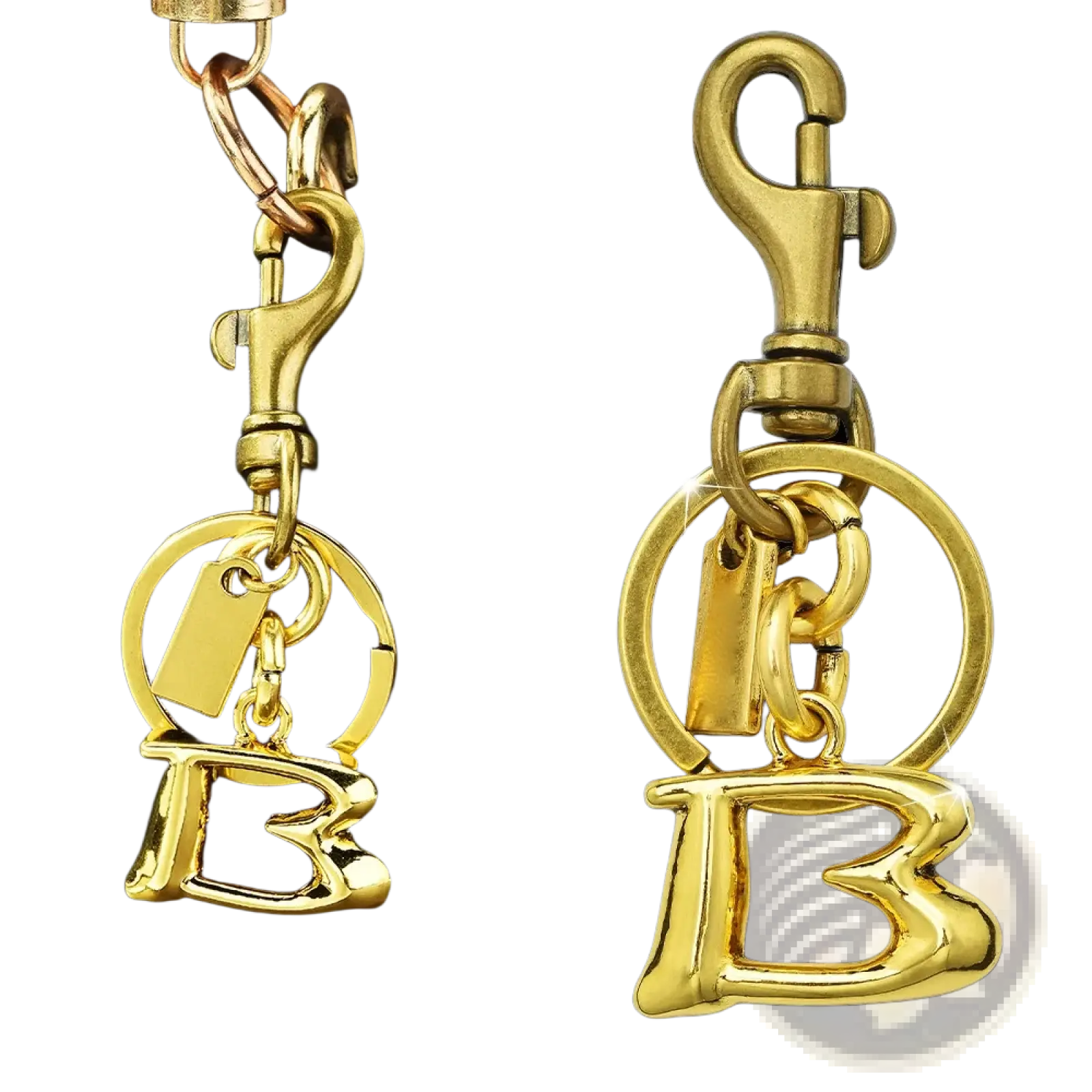 Gold metal keychain with a polished letter b charm and lobster clasp for car accessory use