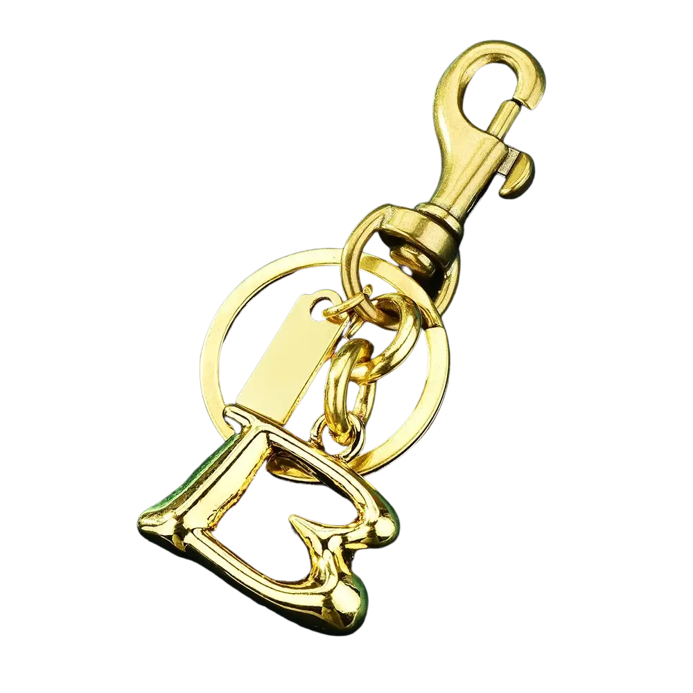 Gold metal keychain featuring a gold-tone stylized b charm and a sturdy lobster clasp for car accessory use