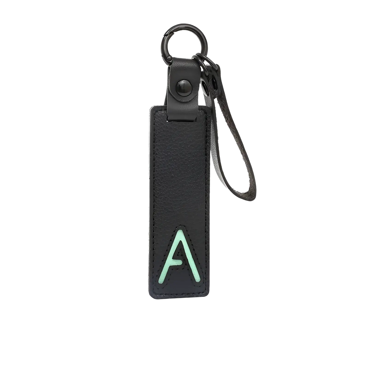 Black leather letter keychain with mint green embroidered a and small loop attachment for party gift use