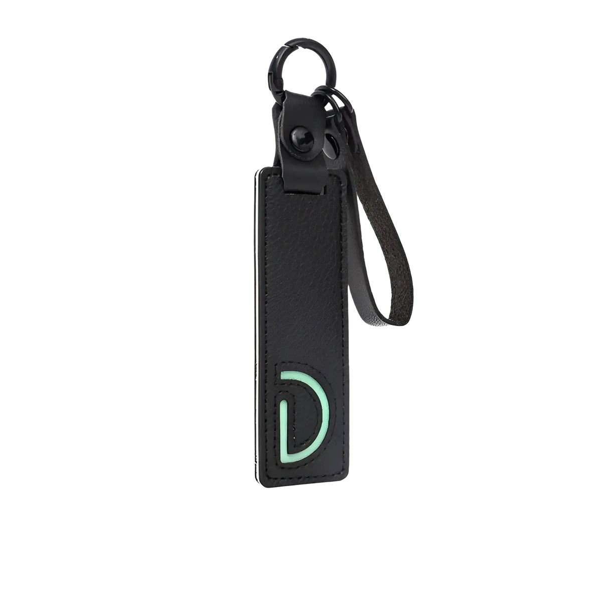 Black leather letter keychain with a mint green embroidered d logo alphabet pendant for party gift