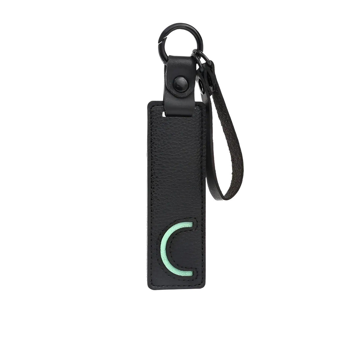 Black leather letter keychain with mint green embroidered c and small looped strap ideal as party gift pendant