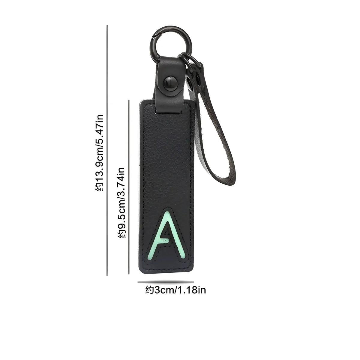 Black leather keychain with light green embroidered letter a alphabet pendant for party gift use