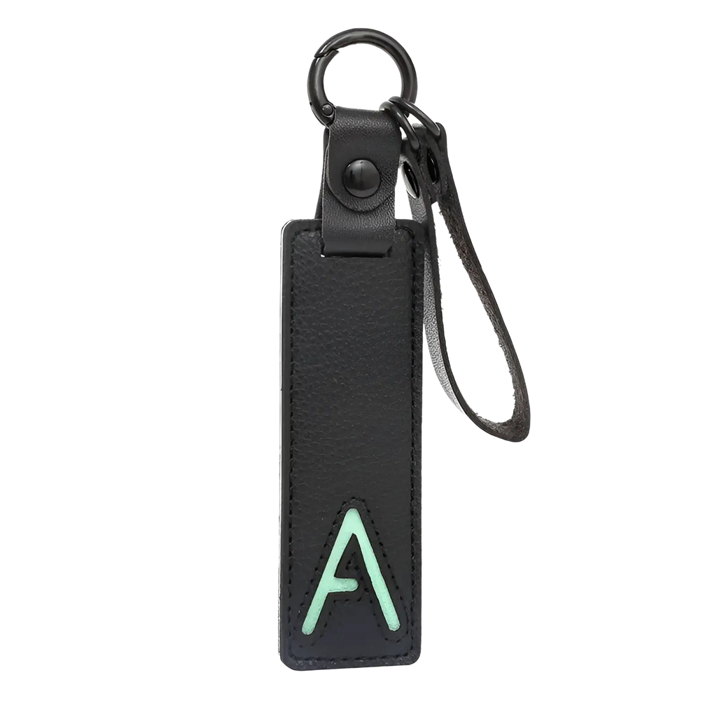 Black leather letter keychain with mint green embroidered a and metal ring for alphabet pendant party gift