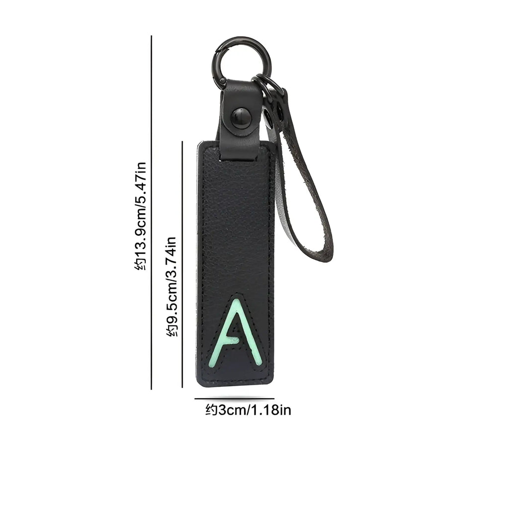 Black leather keychain with light green embroidered letter a alphabet pendant for party gift use