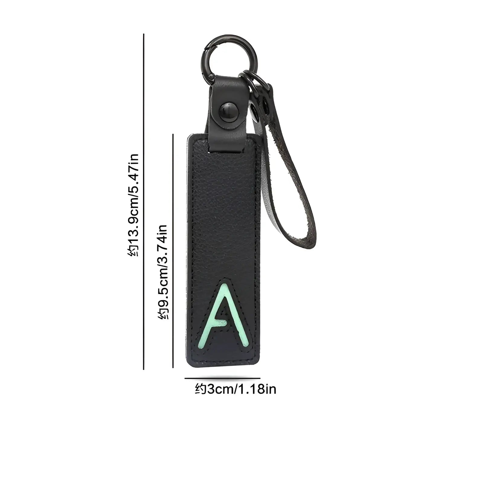 Black leather keychain with light green embroidered letter a alphabet pendant for party gift use
