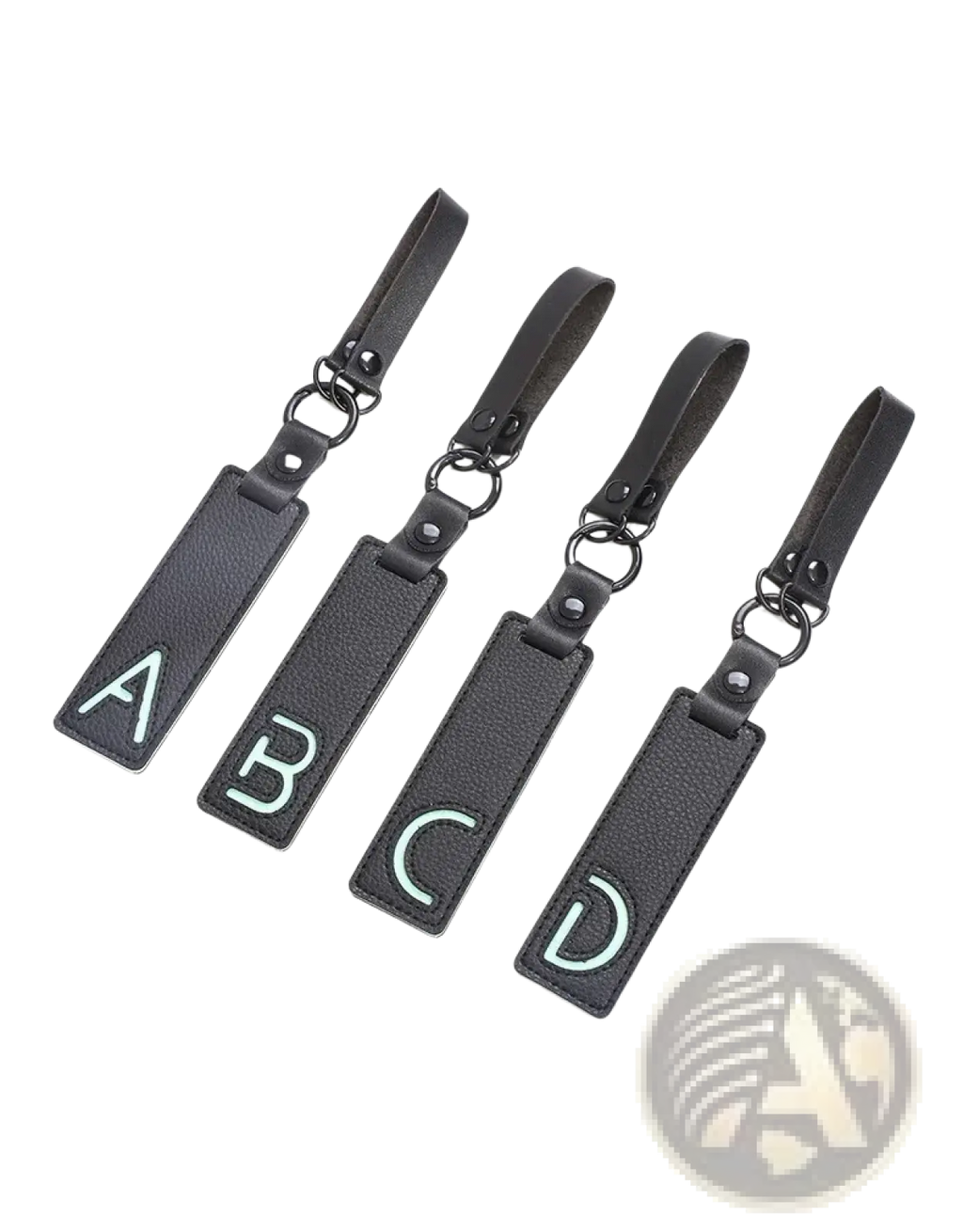 Black leather luggage tags with light green embroidered letters a b c d for letter keychain leather alphabet pendant gift