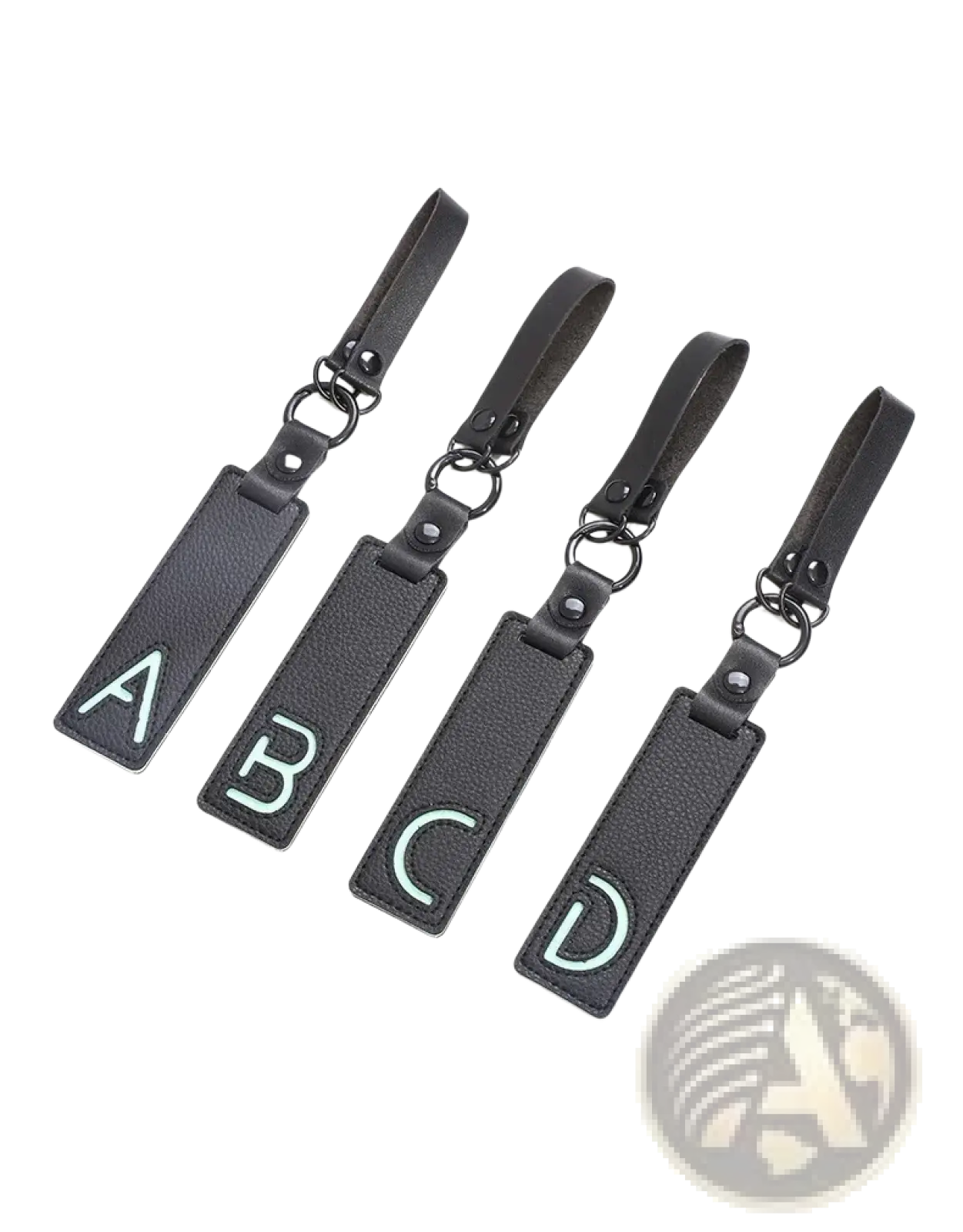 Black leather luggage tags with light green embroidered letters a b c d for letter keychain leather alphabet pendant gift