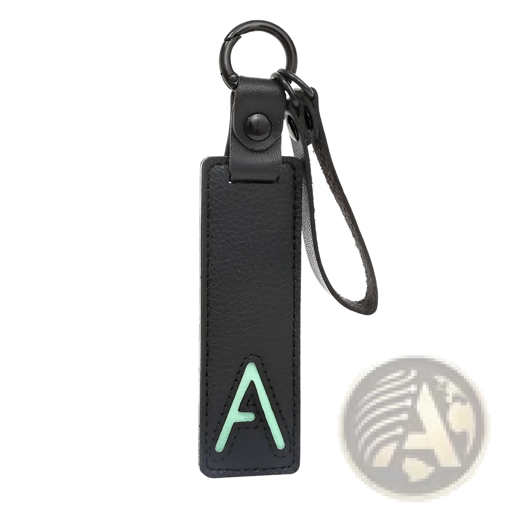 Black leather letter keychain with mint green embroidered a and metal ring for alphabet pendant party gift