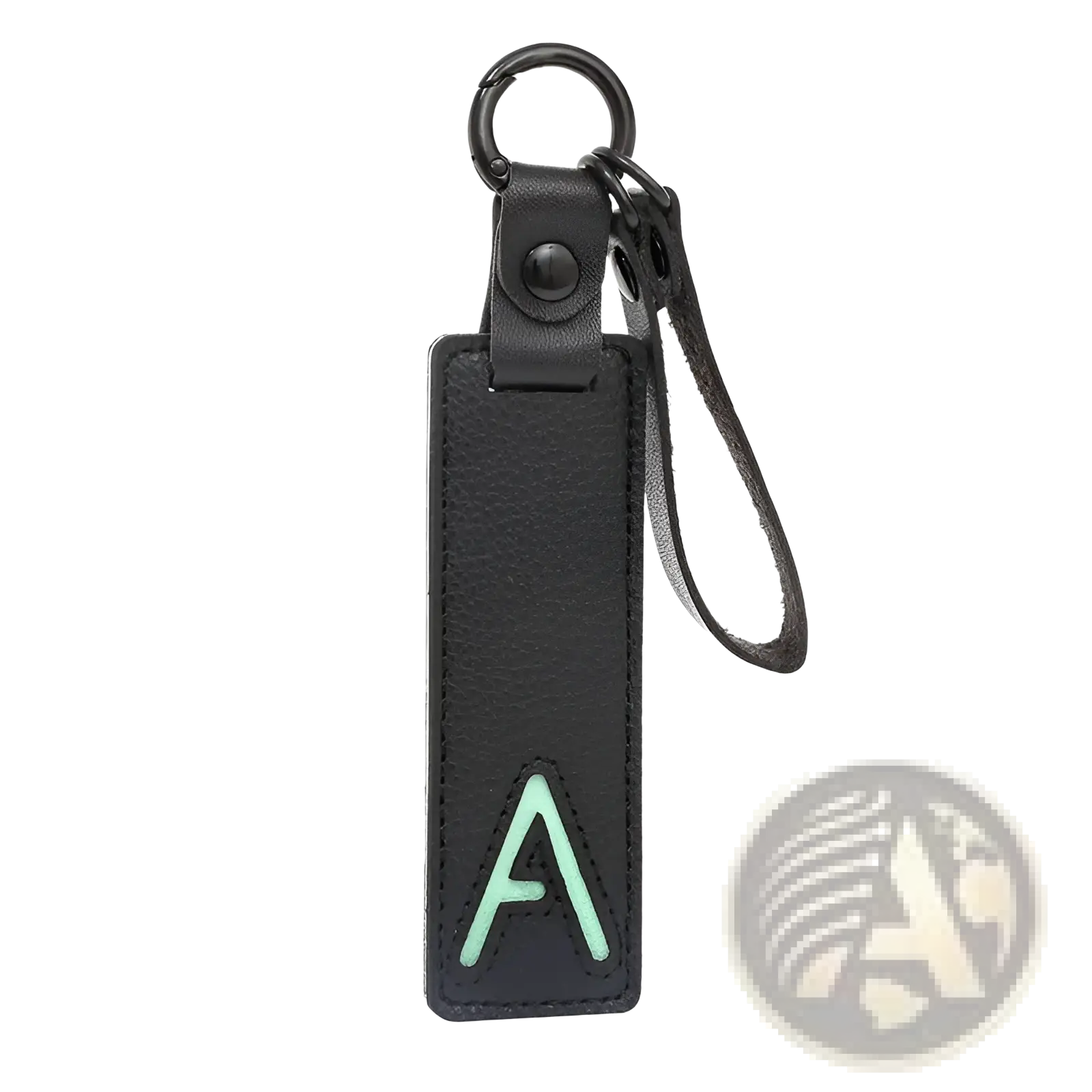 Black leather letter keychain with mint green embroidered a and metal ring for alphabet pendant party gift