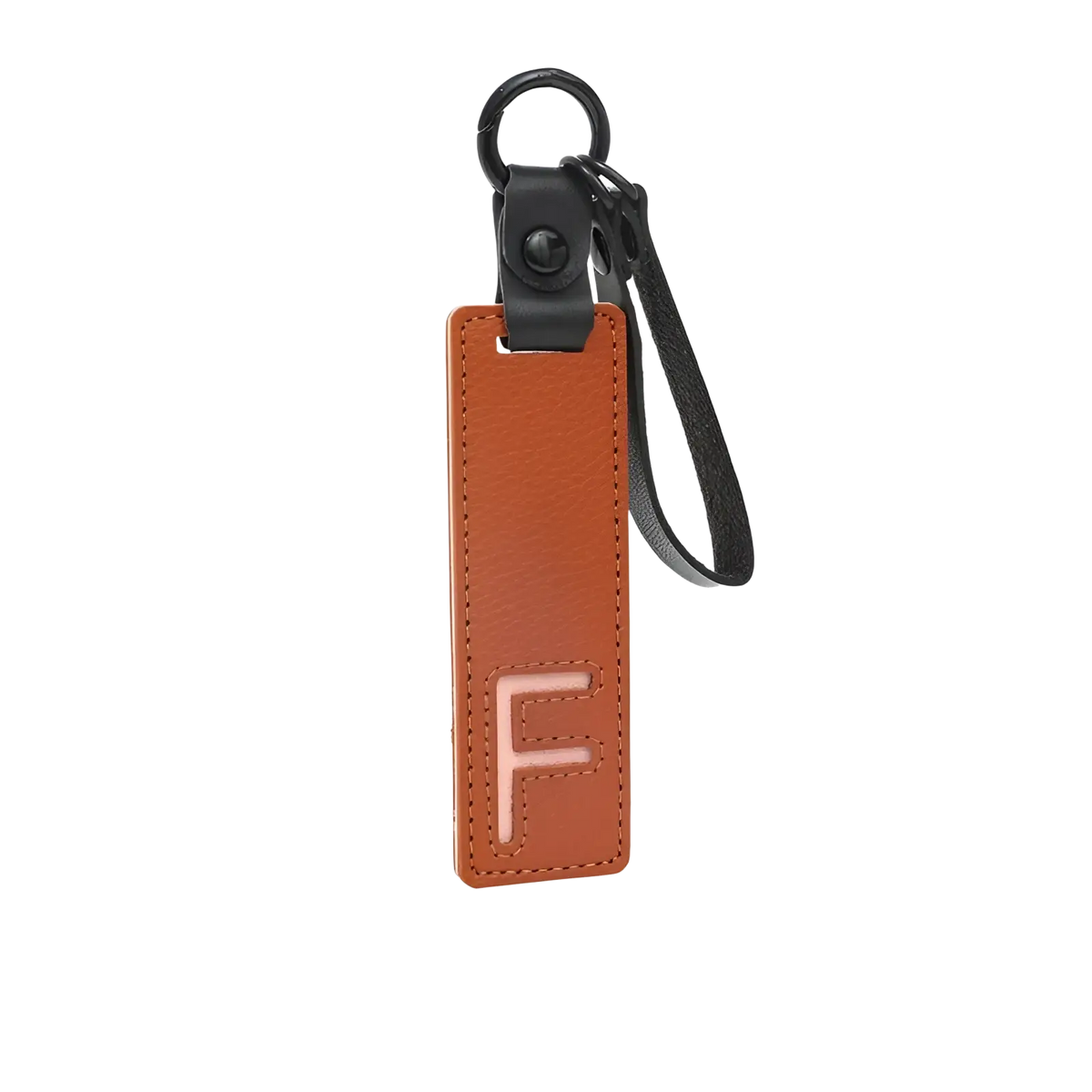 Brown leather letter keychain with stitched light pink f alphabet pendant ideal for party gift