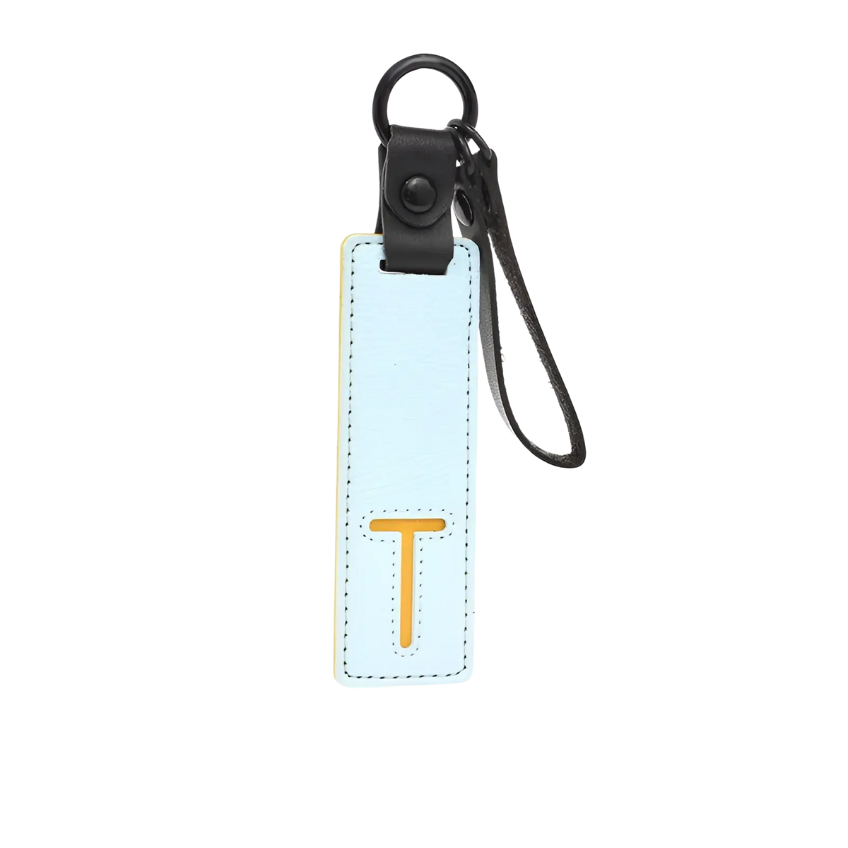 Light blue leather luggage tag with gold letter t and black strap letter keychain leather alphabet pendant gift