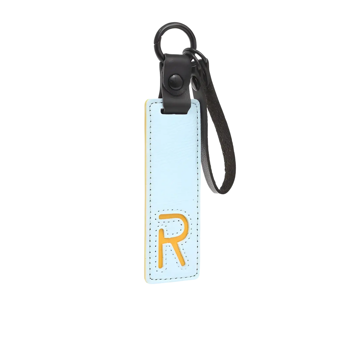 Light blue leather letter keychain with stitched yellow r monogram and black leather strap for party gift
