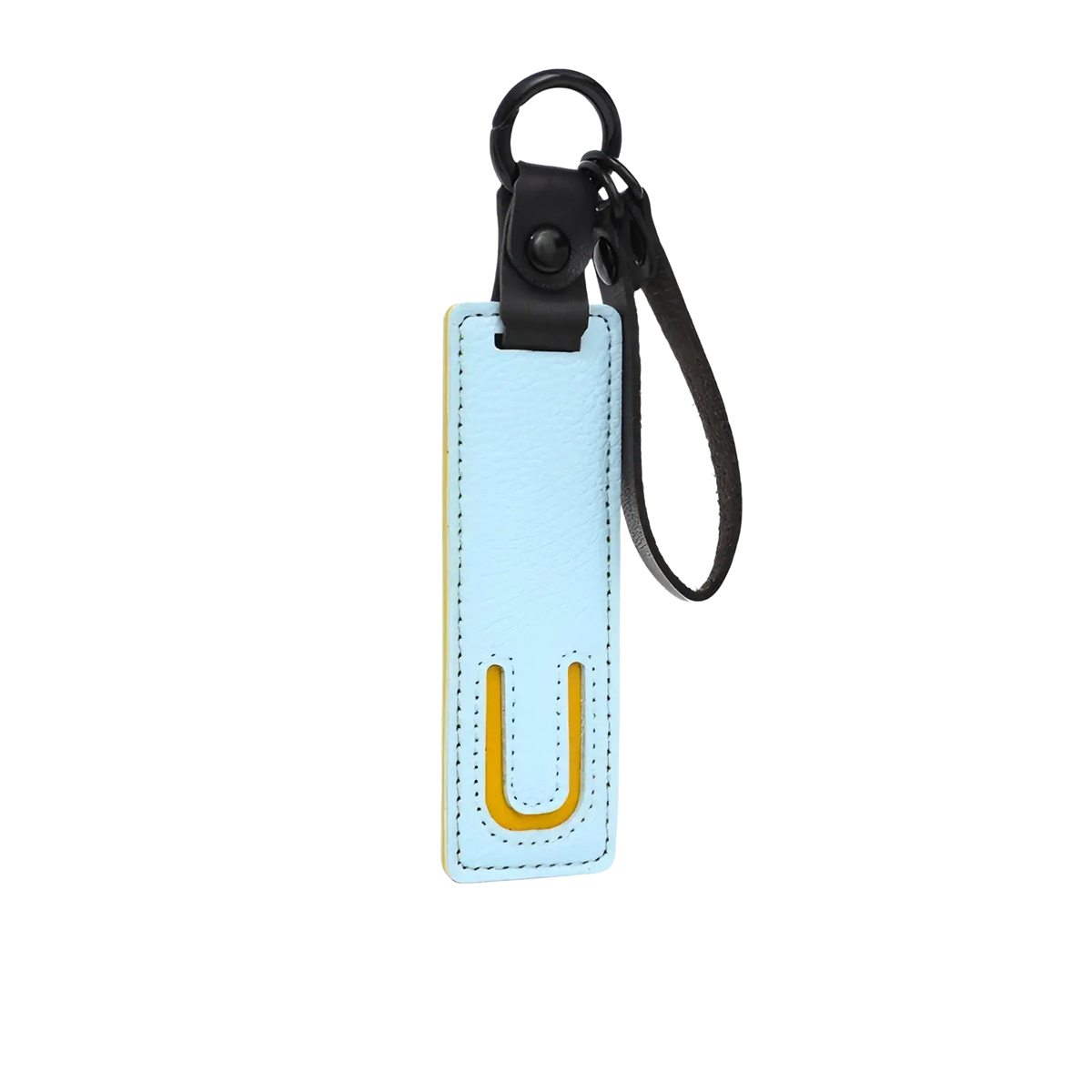 Light blue leather bookmark with yellow u-shaped clip and black leather strap for letter keychain alphabet pendant gift