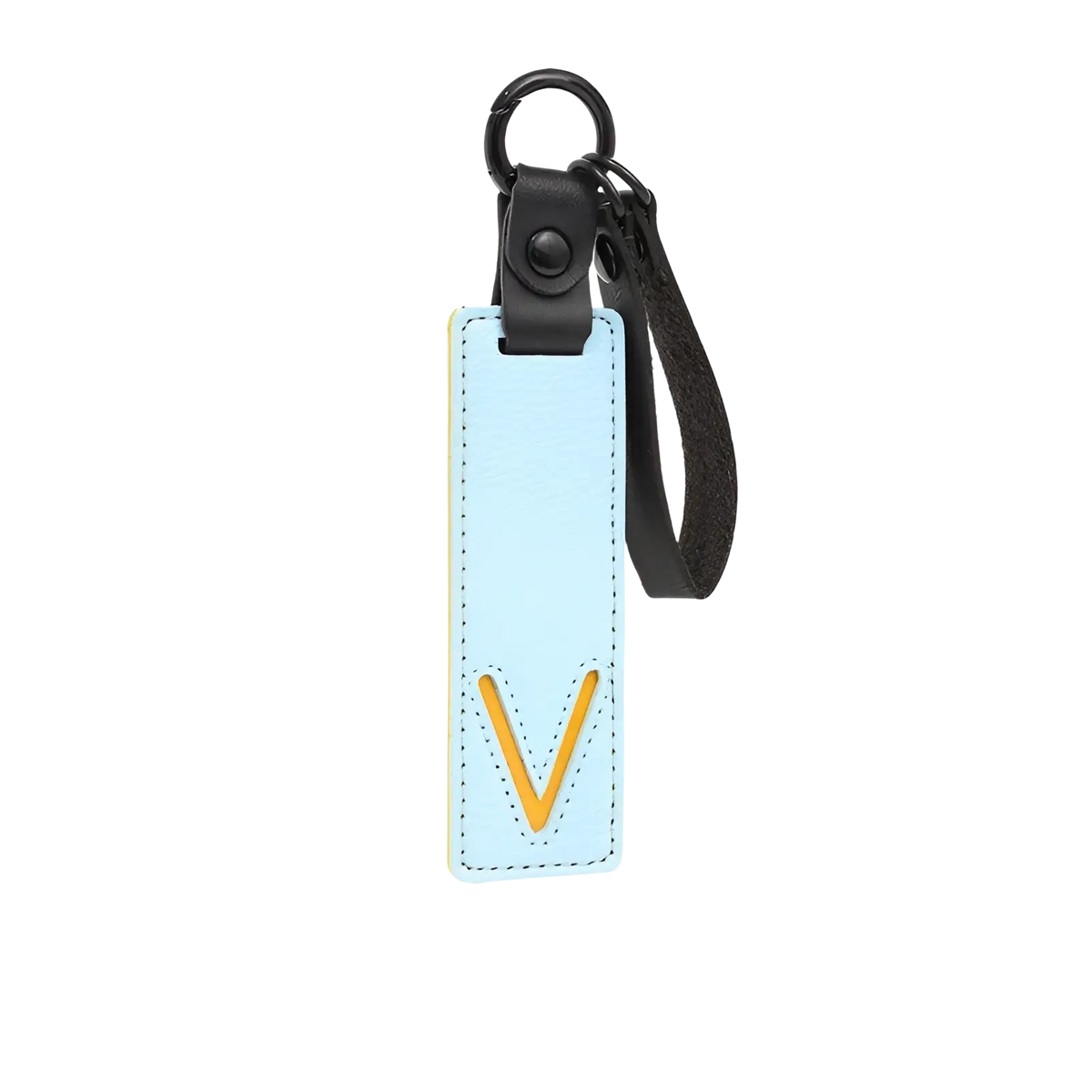 Light blue leather letter keychain with stitched yellow V logo and black strap for alphabet pendant party gift