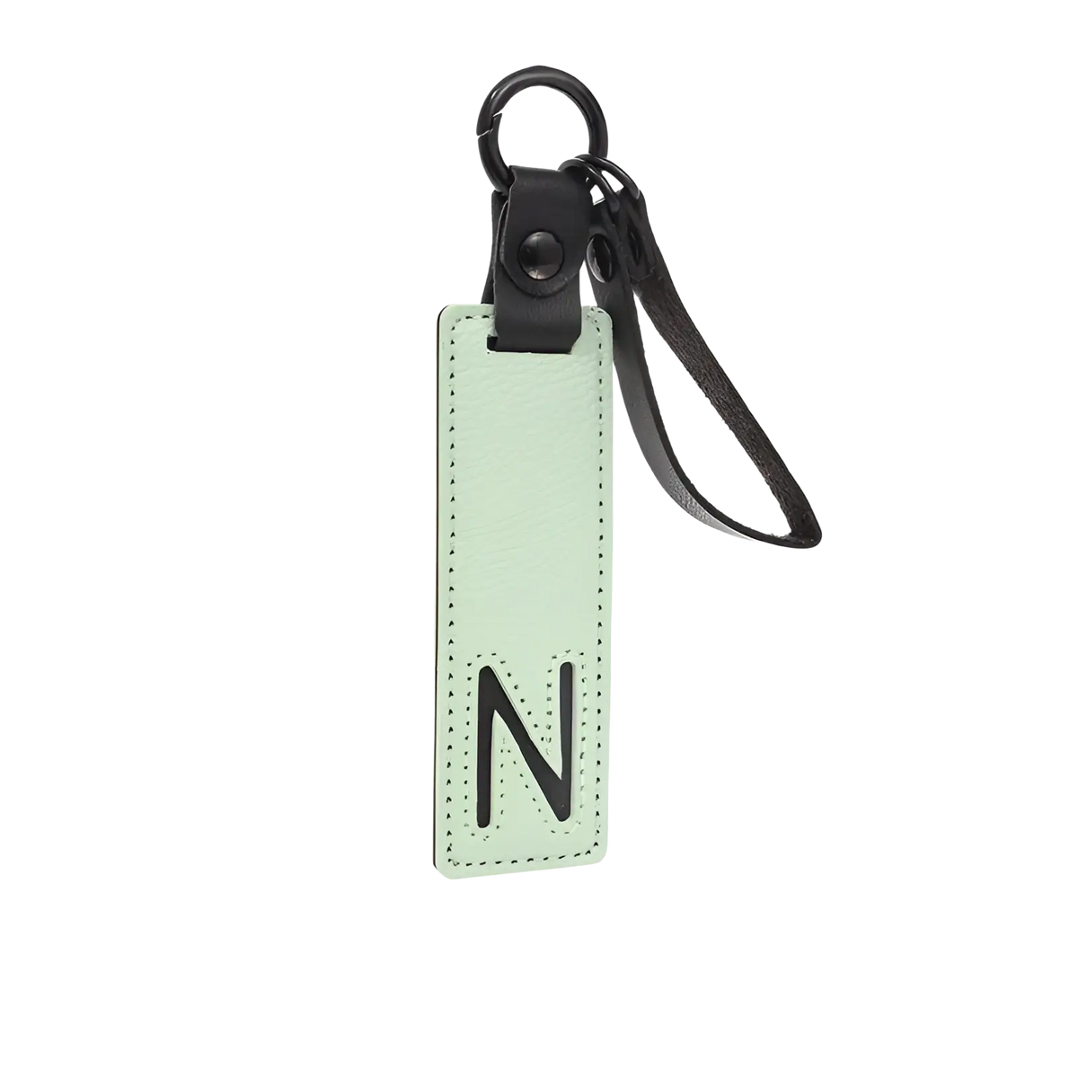 A mint green leather letter keychain with a black stitched n and matching black strap for party gifts