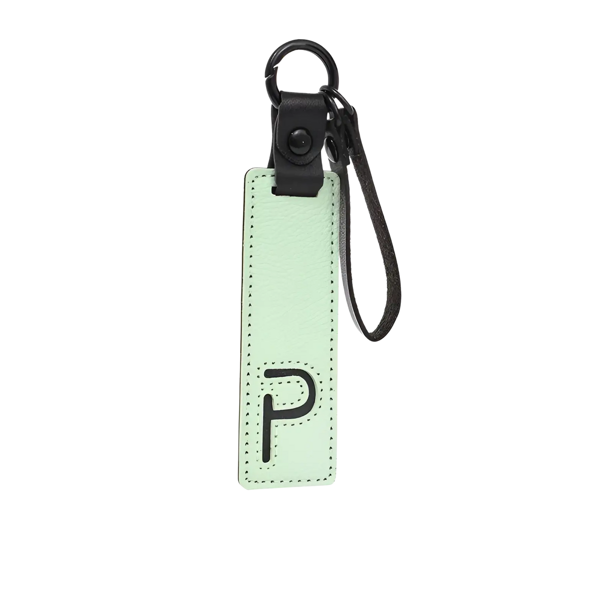 A mint green leather letter keychain with a black stitched p and matching black hardware for party gifts