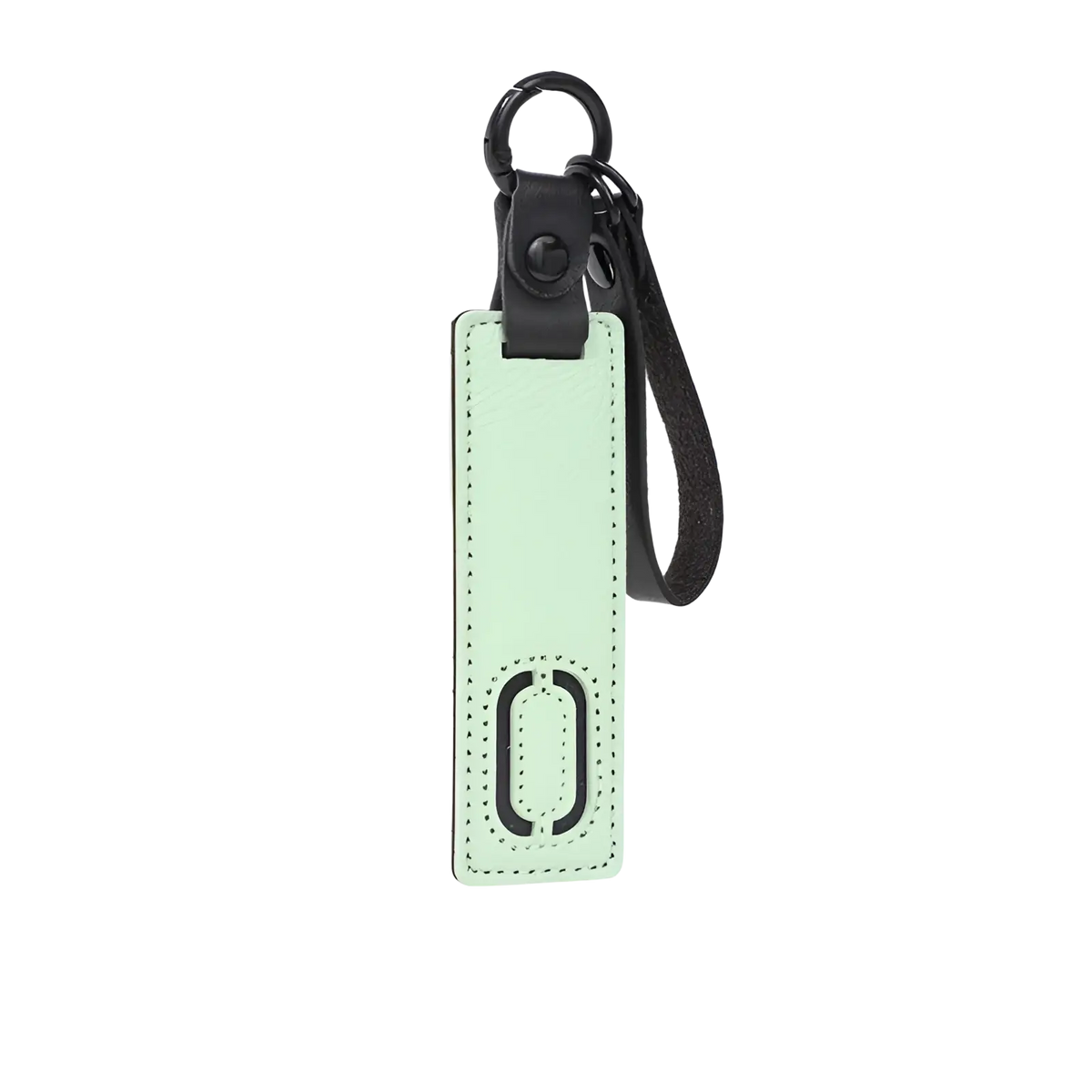 A mint green leather luggage tag with black metal ring and strap featuring a minimalist alphabet pendant design