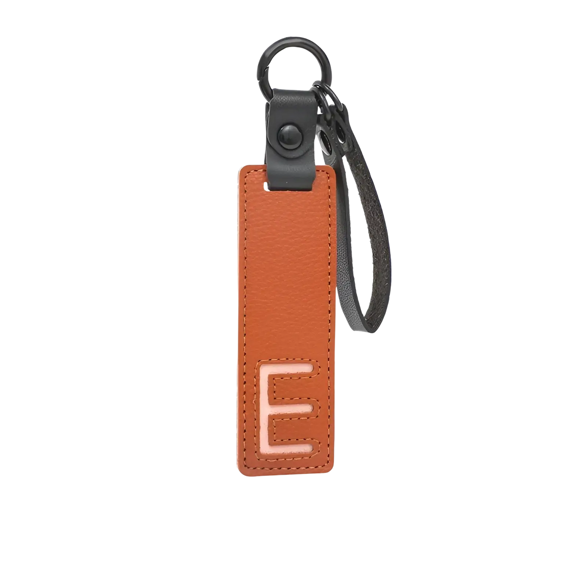 Orange leather letter keychain with stitched light pink e and black hardware for alphabet pendant party gift