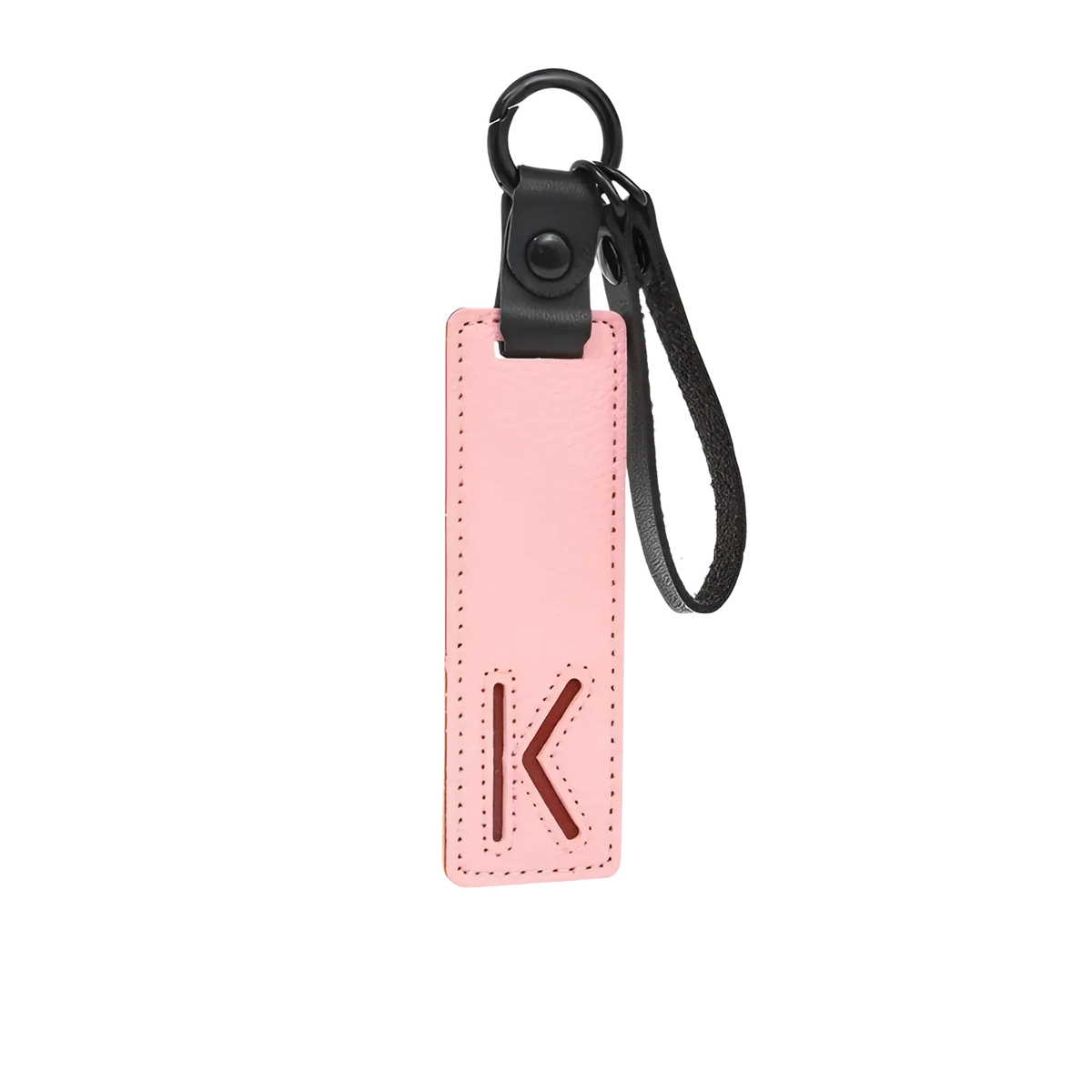 Pink leather letter keychain with black metal ring and embossed red k alphabet pendant for party gift