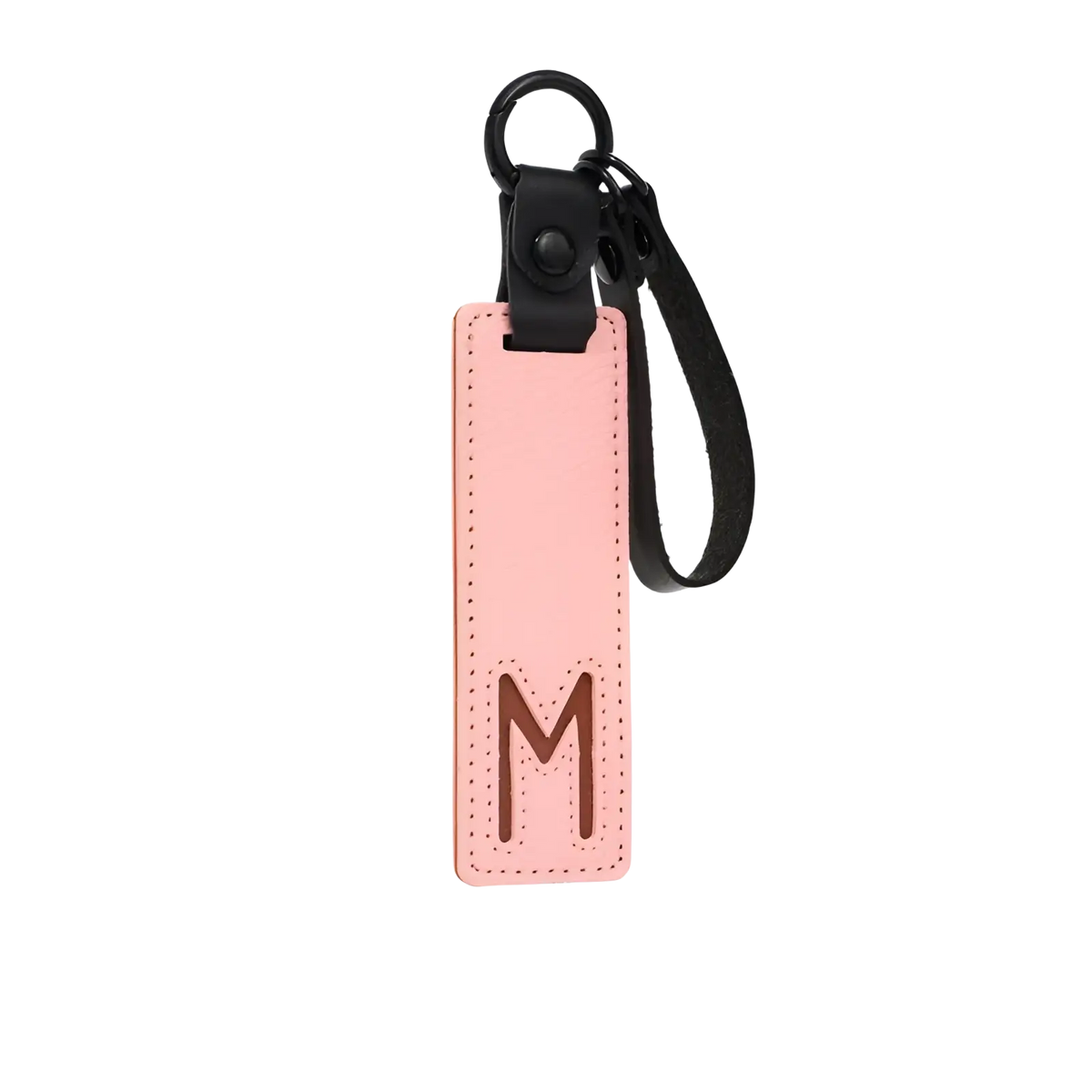 Pink leather luggage tag with brown stitched letter m and black strap for letter keychain leather alphabet pendant gift