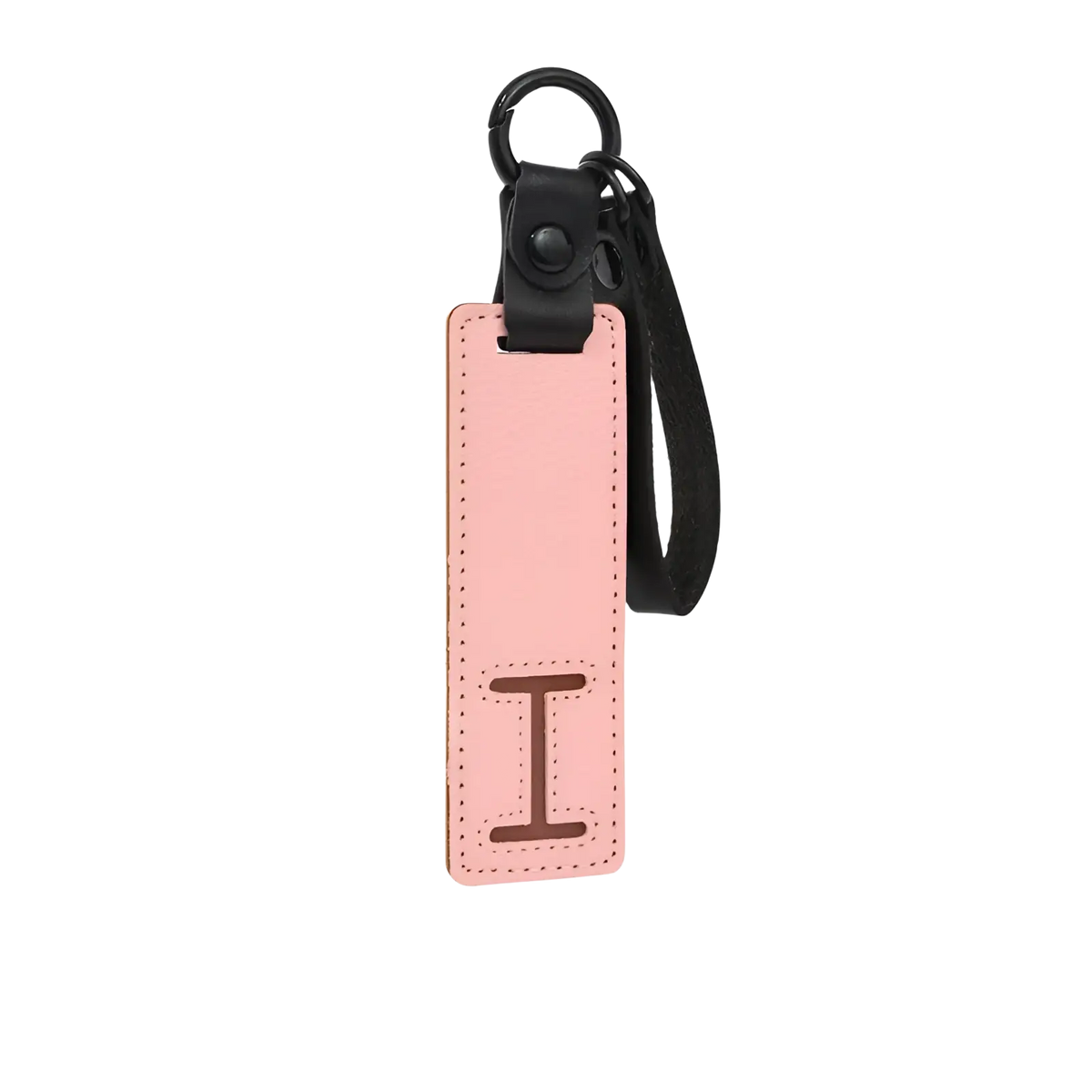 Pink leather luggage tag with embossed dark brown letter i and black strap for letter keychain leather alphabet pendant gift